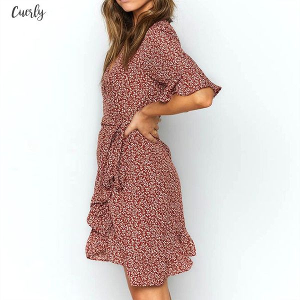 

v neck split floral printed dress women summer ruffles half sleeves boho casual beach dress burgundy mini dresses sundress, Black;gray