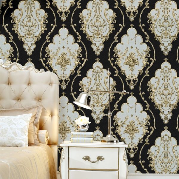 

european luxury retro black damascus stamping pvc wallpaper living room bedroom cafe background corridor hallway wallpapers