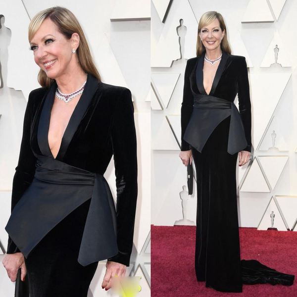 2019 Oscar Black Mermaid Abiti da sera Abiti con scollo a V Maniche lunghe Velluto Sweep Train Abiti da ballo Abito per occasioni speciali personalizzato