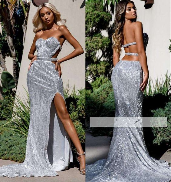

2019 new silver sequins mermaid prom dresses ssleeveless backless formal party dress high slit sheath evening gown custom made, Black