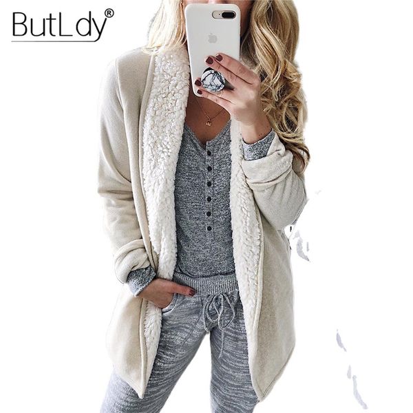 

pockets solid turn-down collar coat women selling autumn winter 2019 jacket long sleeve plush thickening ladies coats, Black