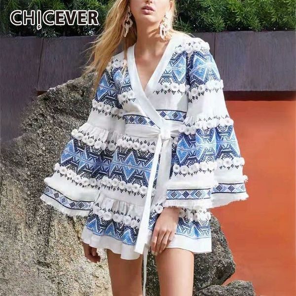 

chicever summer patchwork hit color print dress for women v neck flare sleeve high waist bandage sashes a-line mini the dresses, Black;gray