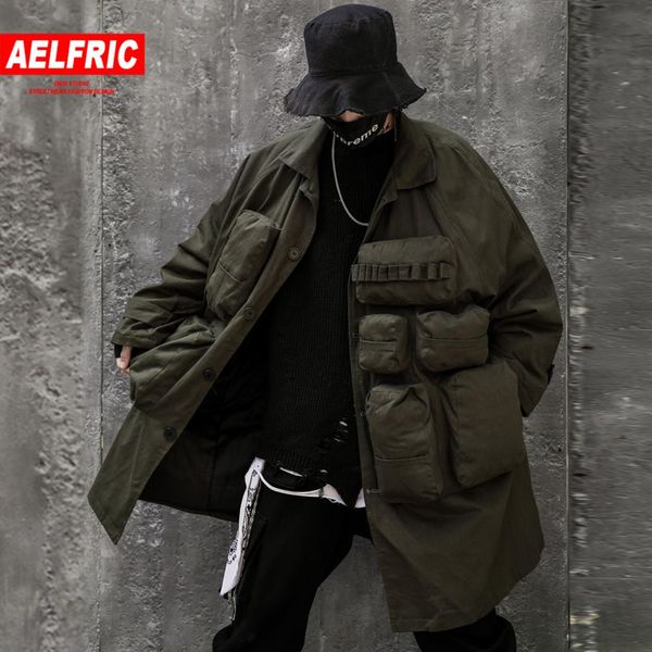 

aelfric hip hop solid patchwork multi pockets mens parkas casual thick padded overcoats harajuku windbreaker fashion streetwear, Black