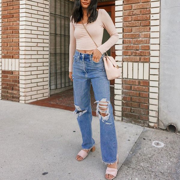 

новые 2019 осенние летние женские джинсы повседневный высокой талии отверстие сыпучие упругие карманный denim кнопка молния девять минут брю, Blue