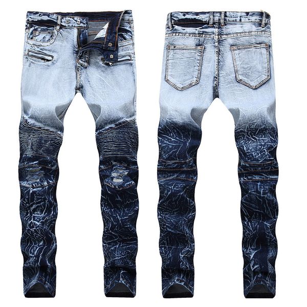 

men's new fashion personality embroidered hole zipper stretch denim trousersmen's zipper two-color stretch hole motorcycle jean, Blue