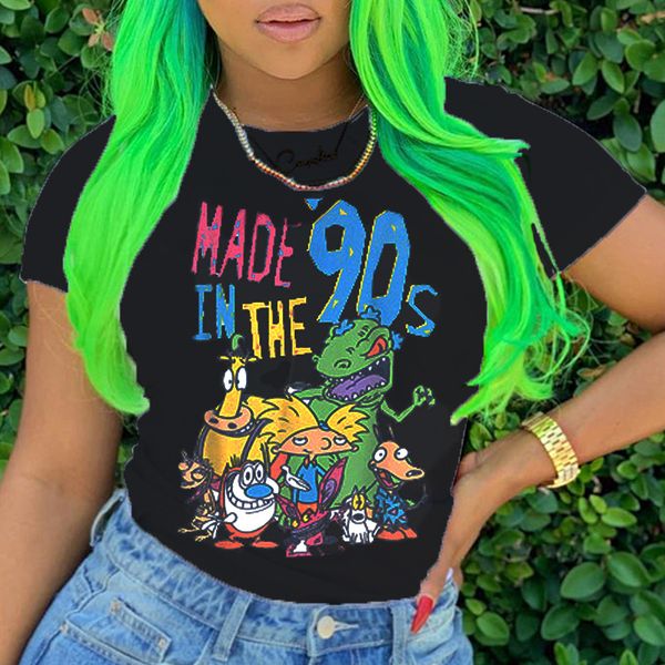 

black and white women's casual daily fashion new design letter cartoon print short sleeve t-shirt blouse