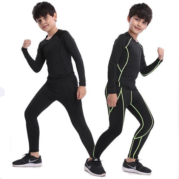

kids compression suits running sets sports pants shirts survetement football youth legging crossfit basketball training children, Black;blue