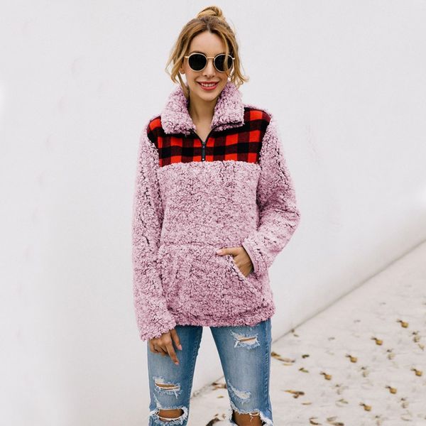 

women sweatshirt pullovers plaid print lapel long sleeve pocket casual warm winter autumn loose sweatshirt, Black
