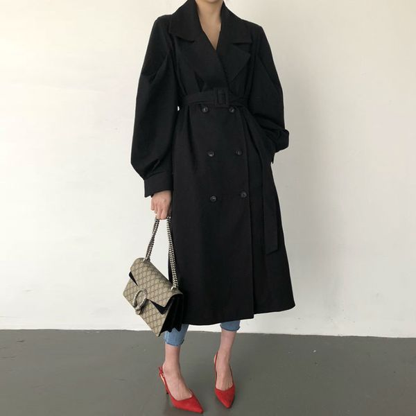 

women's trench coats chic autumn clothing retro british style loose suit collar coat elegant double-breasted windbreakers sim overcoat, Tan;black