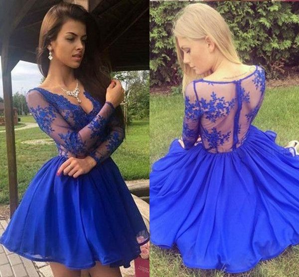 

short mini prom dresses homecoming dress see though illusion long sleeves piping lace v-neck graduation party cocktail dress girls, Blue;pink
