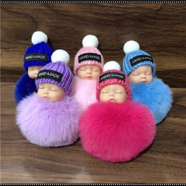 

cute sleeping baby doll keychain pompom rabbit fur ball carabiner key chain keyring women kids key holder bag pendant key ring zza1620-7, Silver
