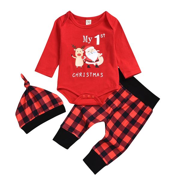 

new fashion cotton baby boy girl my first christmas clothes bodysuit + plaid pant + hat 3 pieces outfits set christmas outfit, White