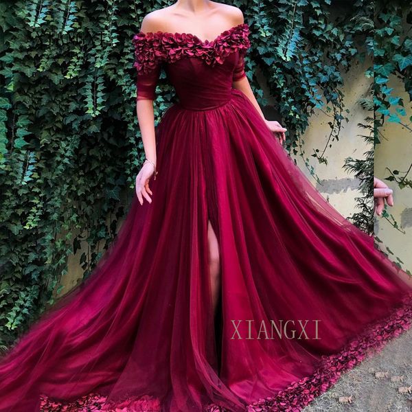 

burgundy evening dresses long sheers a-line off the shoulder high split 3d muslim evening dress vestido de festa abendk, White;black