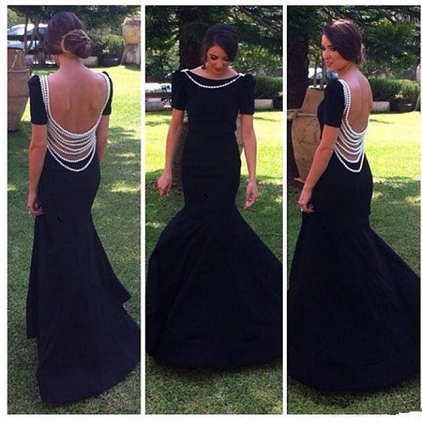

elegant mother of the bride dresses black short sleeve see through back beading evening dress sweep train satin formal prom gowns 170, Black;red