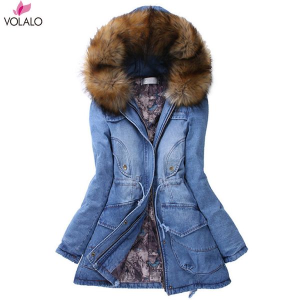 

spring winter coat women denim jackets big faux fur hooded thick warm outwear casual long cotton padded women jeans parkas denim, Black