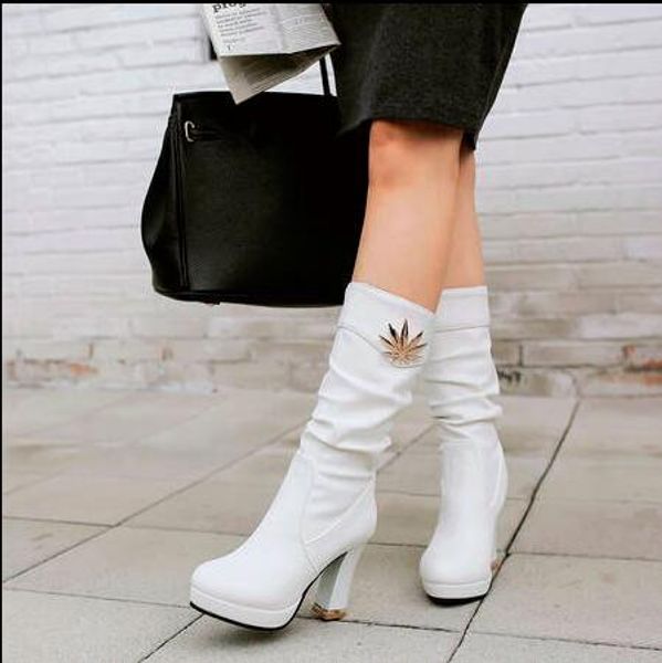 

new fall fashion high-heeled boot waterproof boots with thick white female head, Black