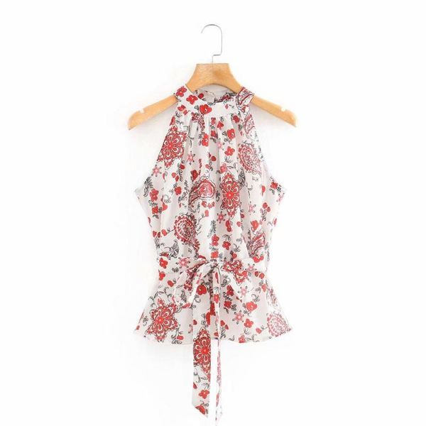 

2020 women vintage cashew flower print halter smock blouse ladies bow tied sashes shirts chic sleeveless vest blusas ls6686, White