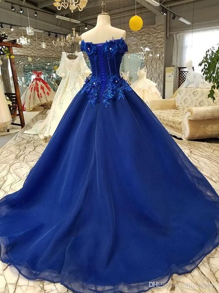 Королевское синее бальное платье Платья Quinceanera Милая с открытыми плечами и шлейфом со шлейфом Вечернее платье Вечерние платья Платье для выпускного вечера Ve252B