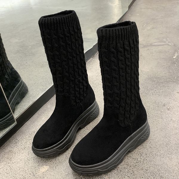 

women's warm boots 2019 autumn and winter new pointed thick with sets of feet over the calf boots elastic botas mujer, Black