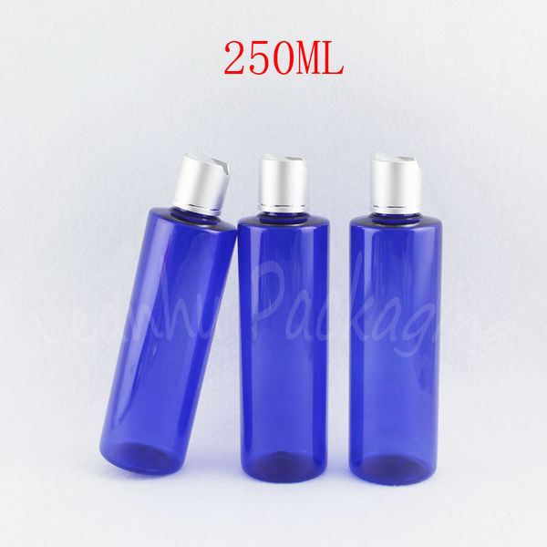 Bottiglia di plastica blu da 250 ml con tappo superiore a disco d'argento, contenitore cosmetico vuoto 250 cc, bottiglia d'imballaggio per shampoo/lozione