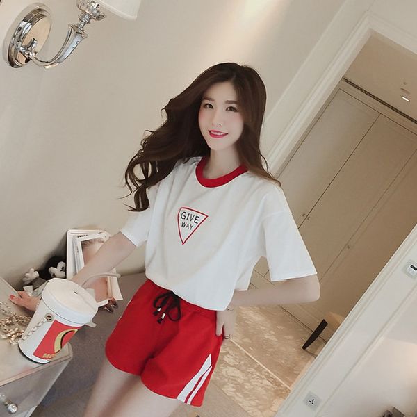 

3colors summer women set print high o-neck fashion piece drawstring set slim sets and t-shirt pants women letter + two waist, White