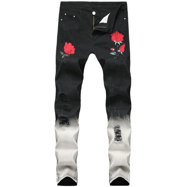 

2020 new arrival men's rose embroidered slim jeans patchwork fashion hole hit color jeans pencil pants, Blue