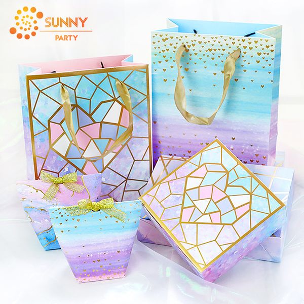 

gold stripe geometric heart tote bag gradient color paper package boxes valentine's day birthday gift packaging party supplies