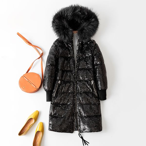 

women's down & parkas coat women winter thick warm 90% white duck jacket female real raccoon fur trim hood fashion long design npi 8102, Black