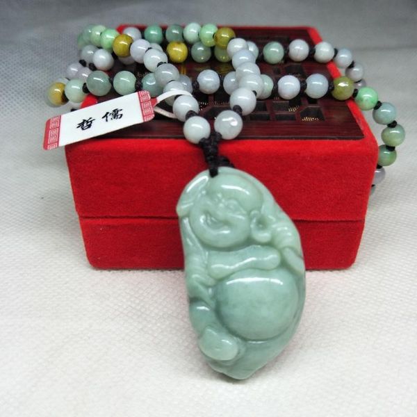

zheru jewelry pure natural jadeite green maitreya buddha pendant three-color jadeite jade necklace send a-level certificate, Silver