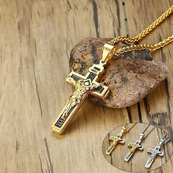 

vnox inri cross pendant necklaces for men stainless steel jesus prayer male christian collar lucky accessory, Silver