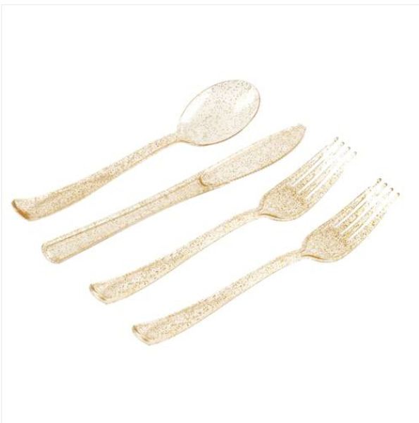 

sales 200 pcs golden plastic disposable silverware include 100 forks 50 knives 50 spoons