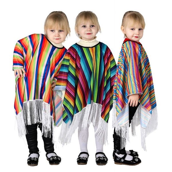 

kids mexico cloak stripe mexico rainbow robes children stage outfit tassel cape national halloween party poncho cosplay costumes, Blue
