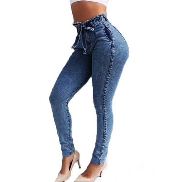 

fringed belt elasticity high waist women jeans self-cultivation elastic force pencil pants femme demin ladies jeans y1088, Blue