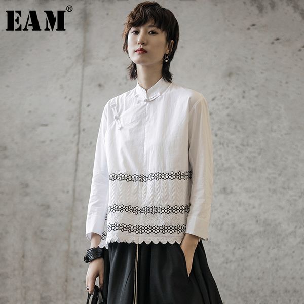 

eam] women embroidery hit color blouse new stand nine-quarter sleeve loose fit shirt fashion tide spring autumn 2020 1b751, White