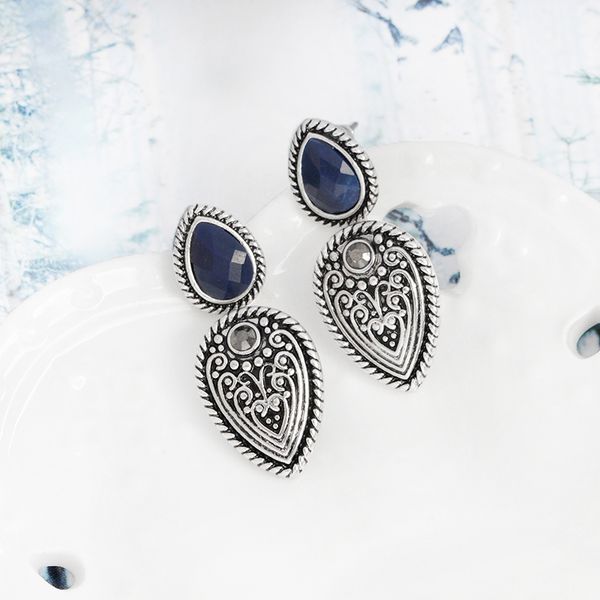 

ethnic water drops vintage carved opal blue stone crystal individuality earrings bohemian festival jewelry female gifts, Silver