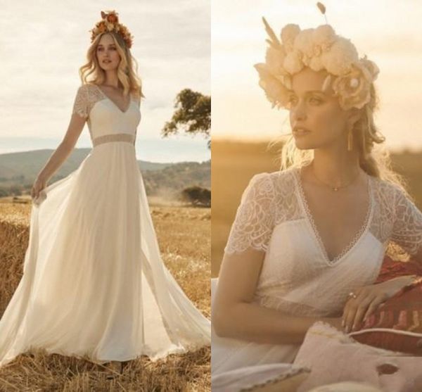Rembo Styling 2020 böhmisches Hochzeitskleid Vintage Spitze appliziert V-Ausschnitt Country Beach Boho Brautkleider2457
