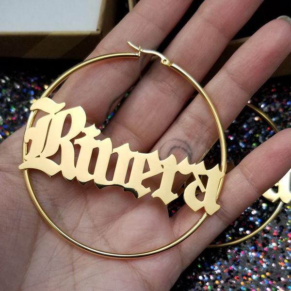 

customized jewelry gothic old english name earring personalized letters small and big hoop earrings women rose gold accessories, Golden;silver