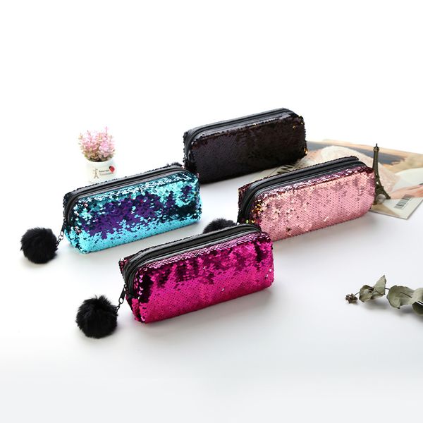 

sequins women cosmetic bags cute pom pom pencil box makeupa bags purse cosmetic case pouch