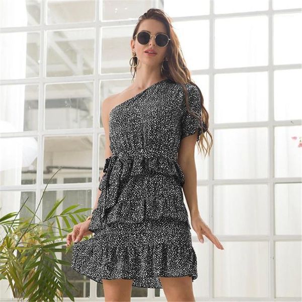 

chiffon one shoulder womens pleated dresses summer floral printed ladies dresses casual skinny female dresses with sashes, Black;gray
