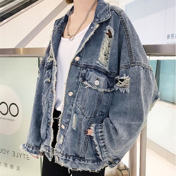 

wholesale 2020 fashion beggar hole denim jacket male spring autumn korean harajuku bf wind loose jacket outerwear trendy clothes, Black;brown