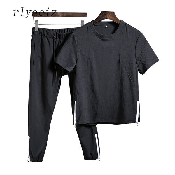 

rlyaeiz 2018 summer casual sporting suits men tracksuit sets cotton linen comfortable t shirts + calf-length pants sweat suit, Gray