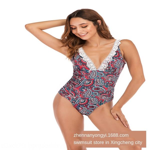 

2020 one-piece style printing pleated 2020 one-piece swimsuit lace swimsuit style printing lace pleated, White;black