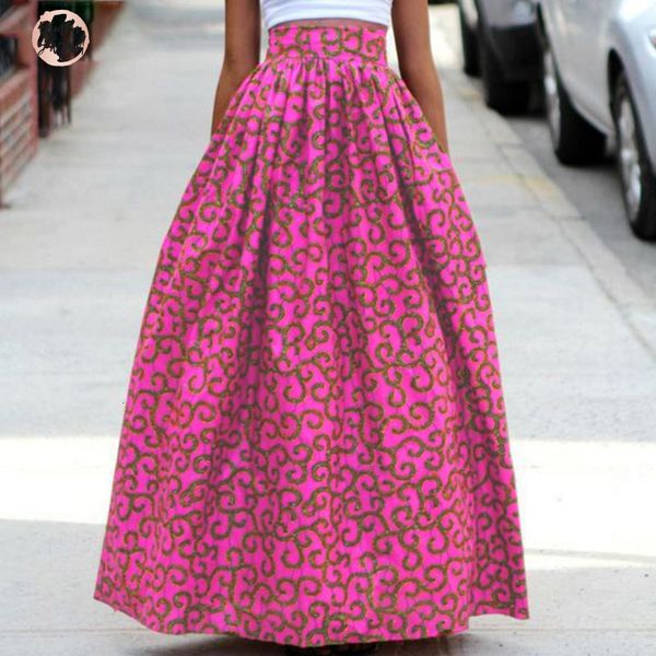 

african elastic dashiki skirt women autumn winter long maxi beach floral print high waist pleated floor length summer skirt, Black