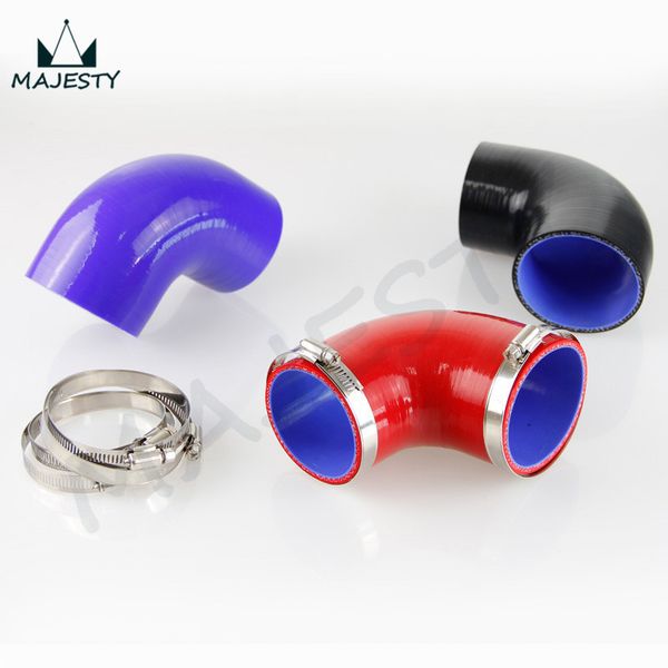 

2" to 2.5" 51mm - 64mm silicone 90 degree elbow reducer turbo pipe hose+clamps black/blue/red