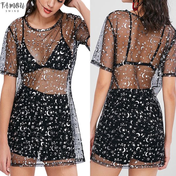 

new fashion above knee dress star and moon splicing perspective dress nightclub transparent ropa mujer #c, Black;gray