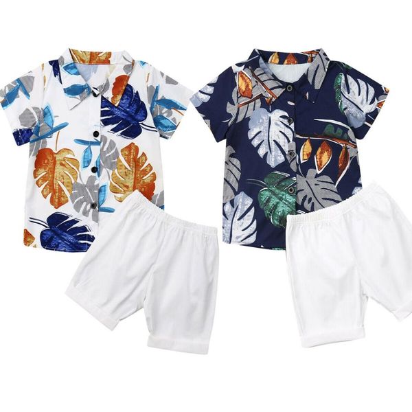 

1-6t toddler baby boys 2 pcs gentleman casual outfit summer leaf print shirts+bermuda shorts pants clothes set, White