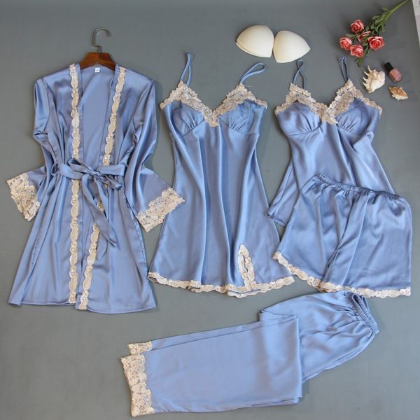 

2019 women 5 pieces pajamas sets stain silk pijama sleepwear bathrobe sets autumn winter pyjamas femme robes pants home suit, Black;red