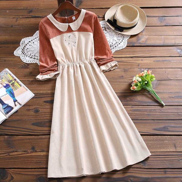 

autumn winter cute embroided floral sweet dress new fashion peter pan collar long sleeve corduroy dress japan style vestidos, Black;gray