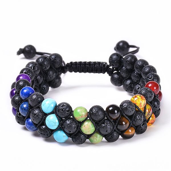 

ttlife 7 chakras tibetan buddhism yoga meditation healing balance round stone beads elastic bracelet natural energy stone, Black