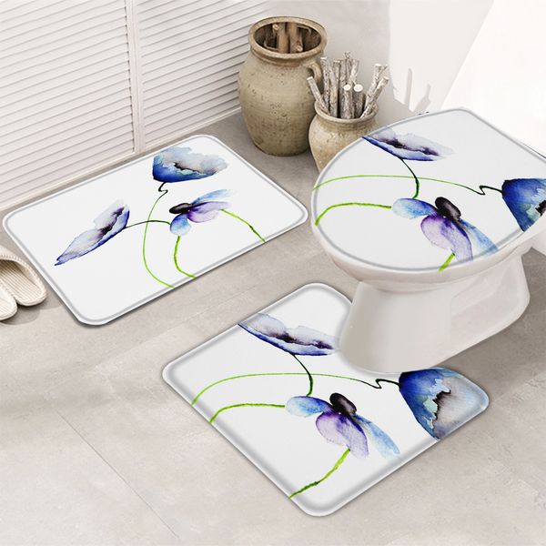 

bouquet blossom purple watercolor flower bath set toilet cover mat pedestal rug non-slip bathroom rug set